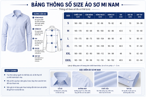 Tư vấn chọn size áo đồng phục chuẩn 2021 3 size so mi nam